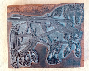 PAIR of HORSES Vintage Letterpress Printers Block, horse lovers gift, riding horses, antique metal engraving, printing photo plate