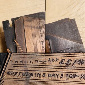 May include: Close-up of a wooden printing block with the text "RETURN IN 5 DAYS TO 1/4/2" and "&pound;&pound;/*" carved into the surface. The block is worn and has a dark brown colour.