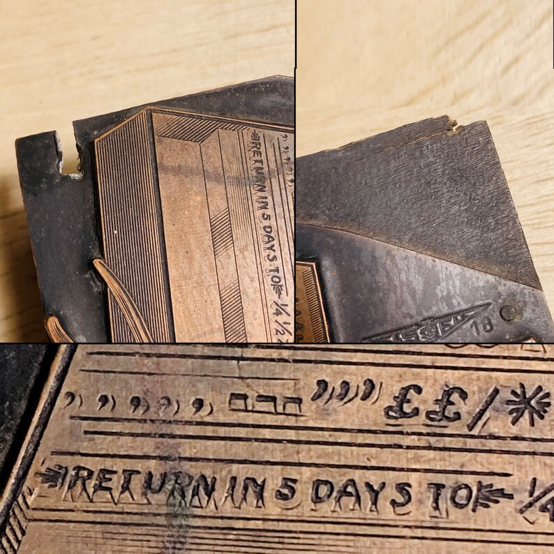 May include: Close-up of a wooden printing block with the text "RETURN IN 5 DAYS TO 1/4/2" and "&pound;&pound;/*" carved into the surface. The block is worn and has a dark brown colour.