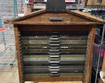 Letterpress church or school cabinet PICK UP ONLY has 2 leading storage and 2 work stations, unusual design Hamilton, some type, empty cases