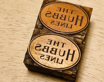 THE HUBBS LINES Set of 2 Vintage Letterpress Printer Blocks, logo typography cut, copper engraving, Pioneer House
