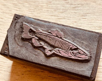 FISH Vintage Letterpress Printers Block, printmaking, Antique food art, kitchen restaurant design, seafood fishing, sportsman or restaurant