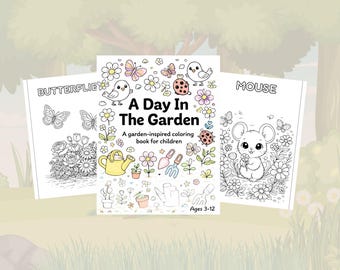 Könnte beinhalten: Drei Malbücher für Kinder mit Gartenthemen. Das mittlere Buch trägt den Titel "A Day In The Garden" mit Illustrationen zum Thema Garten. Die anderen Bücher tragen die Titel "Butterflies" und "Mouse", jeweils mit zugehörigen Illustrationen. Die Bücher sind für Kinder im Alter von 3-12 Jahren konzipiert.