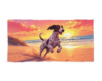 Toalla de playa con diseño de perro pointer inglés: Escena de playa al atardecer, 76 x 152 cm.