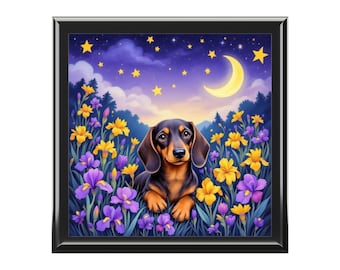 Caja de joyería con diseño de perro salchicha a la luz de la luna y cielo nocturno floral.