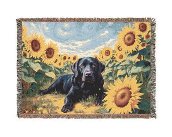 Manta decorativa tejida con diseño de girasol y labrador negro para amantes de los perros.