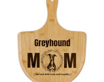 Tabla de pizza de bambú grabada con diseño de galgo / Tabla para cortar y servir con diseño de perro galgo