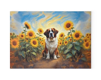 Tabla de cortar de cristal con la imagen de San Bernardo en un campo de girasoles. Tabla de cocina decorativa.
