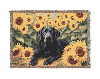 Manta tejida de girasoles de Labrador negro