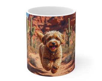 Taza de café de 325 ml con diseño de Golden Doodle del desierto y un perro feliz en el Cañón de Roca Roja.
