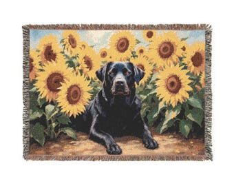 Manta tejida con diseño de girasol y perro Labrador negro