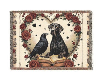 Manta tejida con ilustración de perro y pájaro y cresta Ridgeback y cuervo
