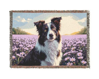 Manta tejida con estampado de Border Collie en un campo de flores silvestres