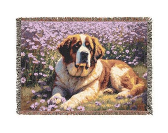 Manta tejida de San Bernardo con acogedor retrato de mascota. Tapiz.