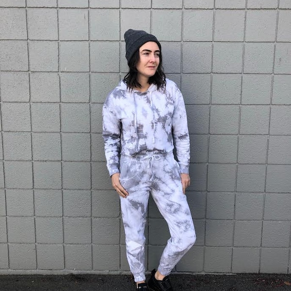 Tie Dye Crop Top Hoodie and Jogger Set Mayes Team Grey