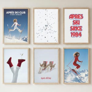 Pode incluir: Seis impressões emolduradas com tema de esqui. As impressões apresentam imagens de esquiadores, teleféricos e texto que diz "Après Ski Club", "Après Ski Since 1984" e "Après All Day". As impressões estão em molduras de madeira.