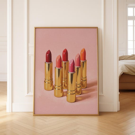 Retro Lipstick Poster – Vintage Makeup Print, Vanity Wall Art, Glam Pop Art, Pink Bathroom Decor, Golden Lipstick Printable