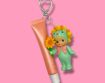 Authentic Sonny Angel Flower Gift Series, Sunflower Lion Mint Green - Custom Lip Gloss Keychain | Bag Charm