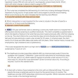 May include: A screenshot of a medical exam with multiple-choice questions. The text includes questions about nursing procedures, patient care, and medical conditions. The document is titled "reflection Hesi Exit.pdf".