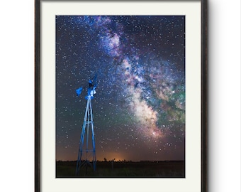 Milky way galaxy windmill print//North Dakota prairie art//North Dakota photography//Milky way photography//Windmill night sky print