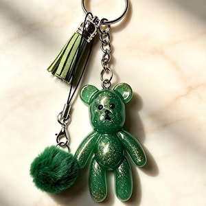 Custom made Glitter Resin Teddy Bear Keychain Personalised Bear Charm with Suede Tassel & Fluffy Pom Pom, Unique Bag Accessory gift for her