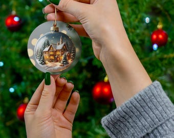 Sneeuwillustratie van het Plattelandshuisje Keramisch Ornament | Kerstboomdecoratie