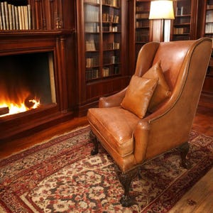 Op de afbeelding: Een bruine leren fauteuil met kussens in een bibliotheek. De stoel staat op een patroonkleed, met een open haard en boekenkasten op de achtergrond. De kamer heeft een warme, uitnodigende sfeer.