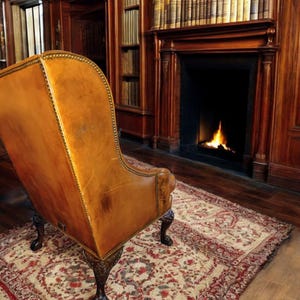 Op de afbeelding: Een leren fauteuil met hoge rug en sierlijke houten poten staat op een patroonkleed voor een open haard. De kamer heeft donkere houten lambrisering en boekenkasten, wat een klassieke bibliotheeksfeer cre&euml;ert.