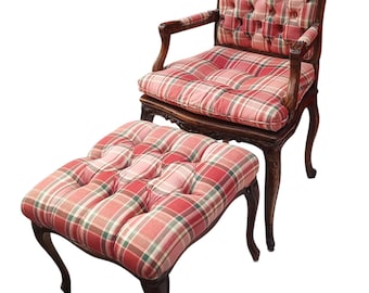 Vintage Walnut French Provincial Armchair & Ottoman Set with Rich Plaid Upholstery