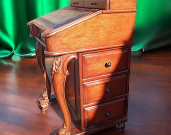 Victorian Mahogany Davenport Desk, Tooled Leather, Scroll Carved Supports, Storage Drawers