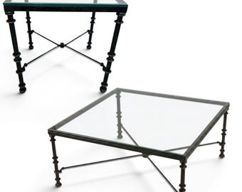 Elevate your living space with the timeless artistry of these Diego Giacometti-inspired glass top tables.