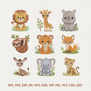 Baby Safari Animals Embroidery Design Bundle, Cute Jungle Animal Machine Embroidery Files, Nursery Instant Download, Zoo Animal Embroidery
