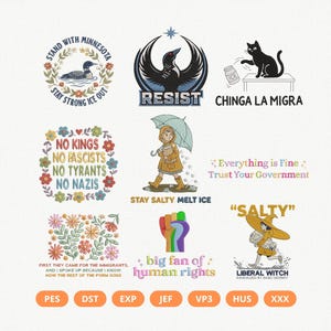 May include: A selection of embroidered patches featuring diverse designs and text. Designs include a loon, a bird with the word "RESIST", a black cat, a child with an umbrella, and floral patterns. Text includes "Stand with Minnesota" and "No Kings No Fascists".