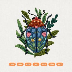 May include: An embroidery design featuring a stylized beetle with a blue body, orange head, and floral patterns in pink, yellow, and light blue, surrounded by green leaves. The text PES, DST, EXP, JEF, VP3, HUS, and XXX appears at the bottom.