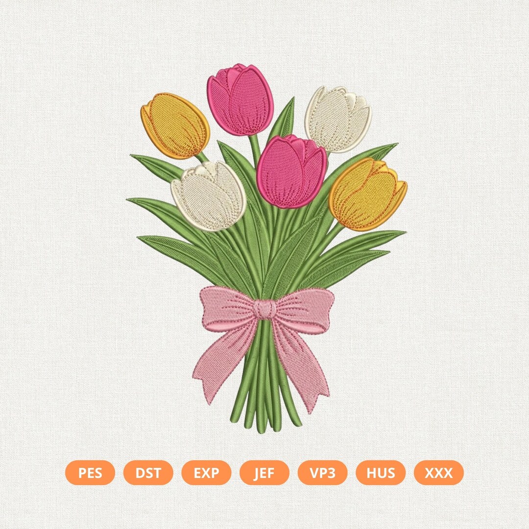 Tulip Bouquet Embroidery Design, Pink Coquette Bow Tulips Machine ...