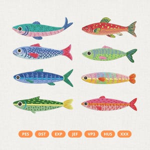 Könnte beinhalten: Eine Sammlung von acht farbenfrohen Fischillustrationen in verschiedenen Designs. Jeder Fisch weist einzigartige Muster und Farbkombinationen auf, darunter Blau-, Grün-, Rot- und Rosatöne. Am unteren Rand des Bildes befinden sich Textbeschriftungen.