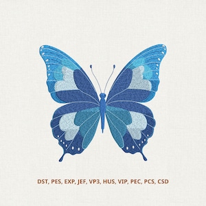 Puede incluir: Se muestra un diseño detallado de mariposa azul con diferentes tonos de azul. Las alas de la mariposa presentan patrones intrincados y están delineadas con pequeños puntos blancos. La imagen también incluye texto en la parte inferior.