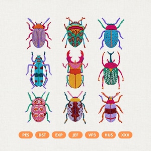 May include: A collection of nine colorful embroidered beetle designs arranged in a grid, featuring various patterns and vibrant hues. Below the insects, the text PES, DST, EXP, JEF, VP3, HUS, and XXX is displayed in orange rounded rectangular buttons.