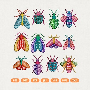 May include: A collection of twelve colorful embroidered insect designs featuring moths, beetles, and bees with intricate patterns in shades of blue, red, yellow, green, and pink. Below the insects, the text PES, DST, EXP, JEF, VP3, HUS, XXX appears.