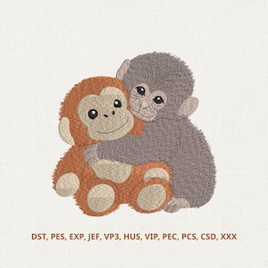 May include: An embroidered design featuring two hugging monkeys. One monkey is brown and the other is gray. The design is on a light beige background. The text at the bottom reads: DST, PES, EXP, JEF, VP3, HUS, VIP, PEC, PCS, CSD, XXX.