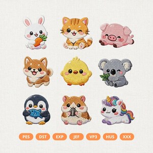 May include: A collection of nine embroidered animal patches. The patches include a white bunny with a carrot, an orange cat, a pink pig, a brown dog, a yellow chick, a gray koala, a penguin with a fish, a hamster, and a unicorn.