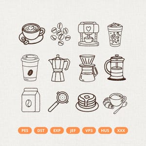May include: A collection of hand-drawn coffee-themed illustrations. The image includes a cup of coffee with a heart design, coffee beans, a coffee maker, iced coffee, a to-go cup, a moka pot, a pour-over, a French press, a milk carton, a portafilter, pancakes, and a cup with a croissant.