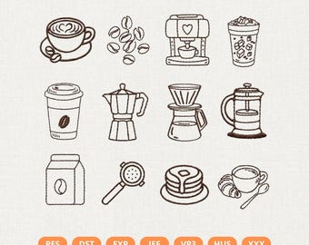 Coffee Line Art Mini Bundle Embroidery Design, Barista Cafe French Press Moka Pot Machine Embroidery File, Coffee Lover Gift, PES JEF