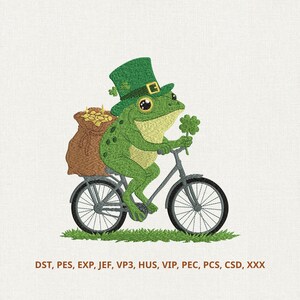 Desenho de bordado de sapo para o Dia de São Patrício, arquivo de bordado à máquina de sapo da sorte, download digital irlandês, bordado de trevo da sorte