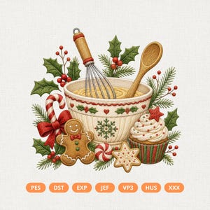 Puede incluir: Una ilustración festiva de repostería con un bol color crema, un batidor de varillas, una cuchara de madera, acebo, un hombre de jengibre, un cupcake, un bastón de caramelo y una galleta de estrella. Texto: PES, DST, EXP, JEF, VP3, HUS, XXX.