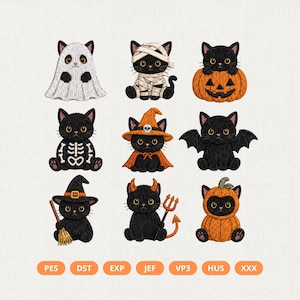 Könnte beinhalten: Eine Sammlung von neun gestickten Aufnähern mit schwarzen Katzen in verschiedenen Halloween-Kostümen, darunter ein Geist, eine Mumie, ein Kürbis, ein Skelett, eine Hexe, eine Fledermaus, ein Teufel und eine Laterne. Der Text PES, DST, EXP, JEF, VP3, HUS, XXX steht unten.