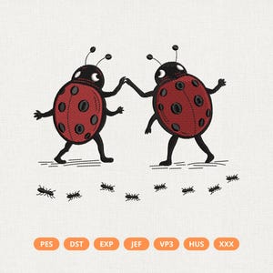 May include: An embroidered design of two ladybirds holding hands, with red shells and black bodies. Small black ants are scattered below. The design is on a white background. File format abbreviations are at the bottom.