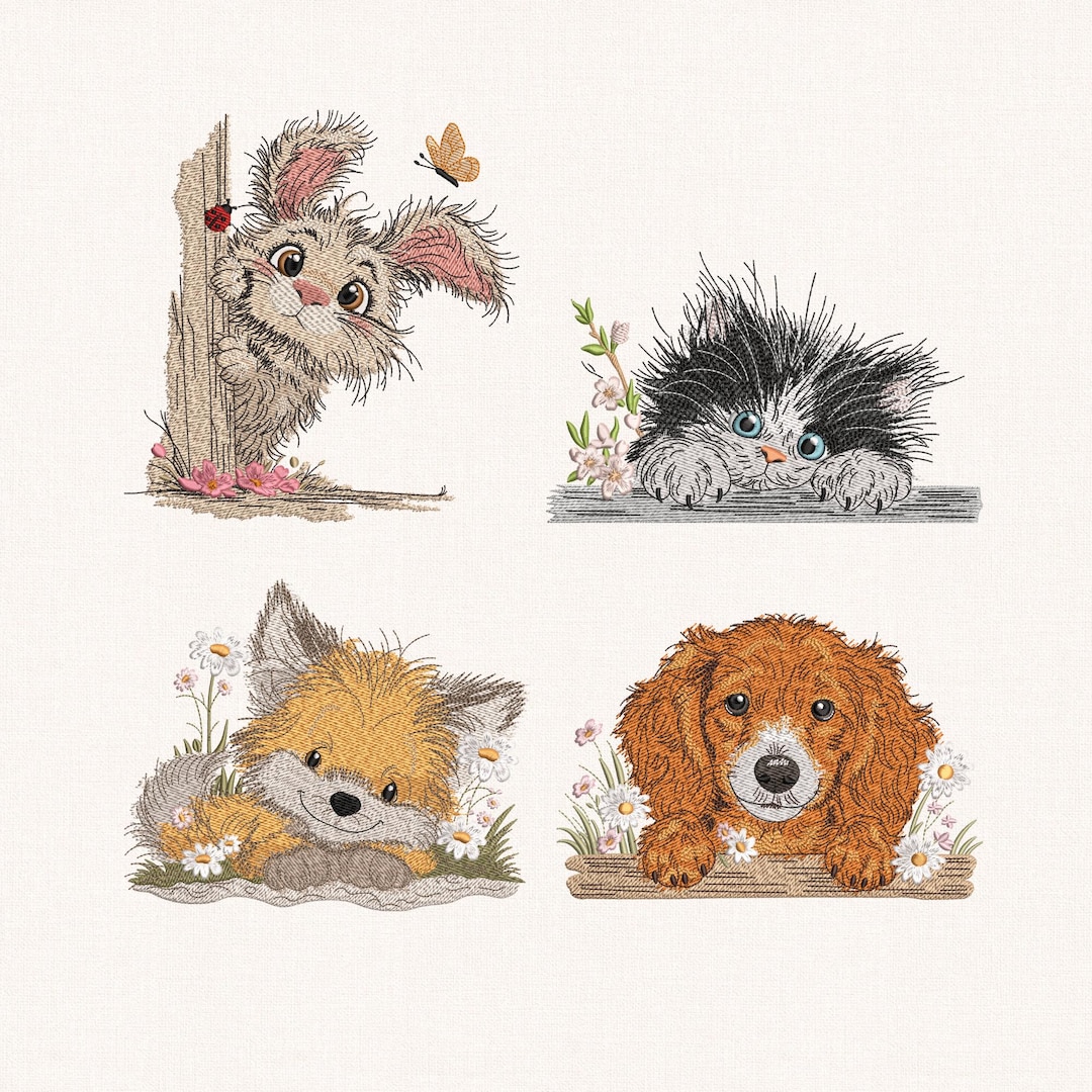 Woodland Animal Embroidery Bundle 4 Design, Cute Bunny Cat Fox Dog ...