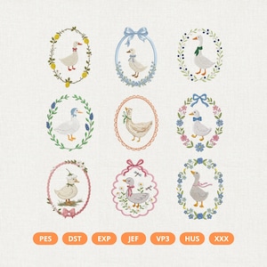 May include: Nine embroidered goose designs in oval frames. Each goose is adorned with accessories like bows and scarves, surrounded by floral or ribbon embellishments. The colour palette features soft pastels. The image also includes the words "PES", "DST", "EXP", "JEF", "VP3", "HUS", and "XXX".