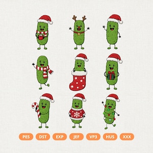 May include: An embroidery design set featuring nine green pickles with smiling faces in various holiday themes, including Santa hats, scarves, reindeer antlers, a Christmas stocking, a gift, a candy cane, a sweater, and string lights, with file formats listed below.